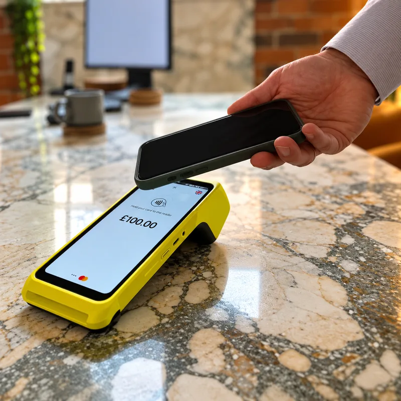 Customer paying by phone on a card machine at a counter