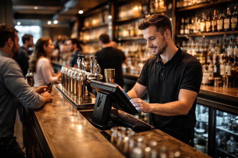 Bartender using a touchscreen EPOS till behind a busy bar