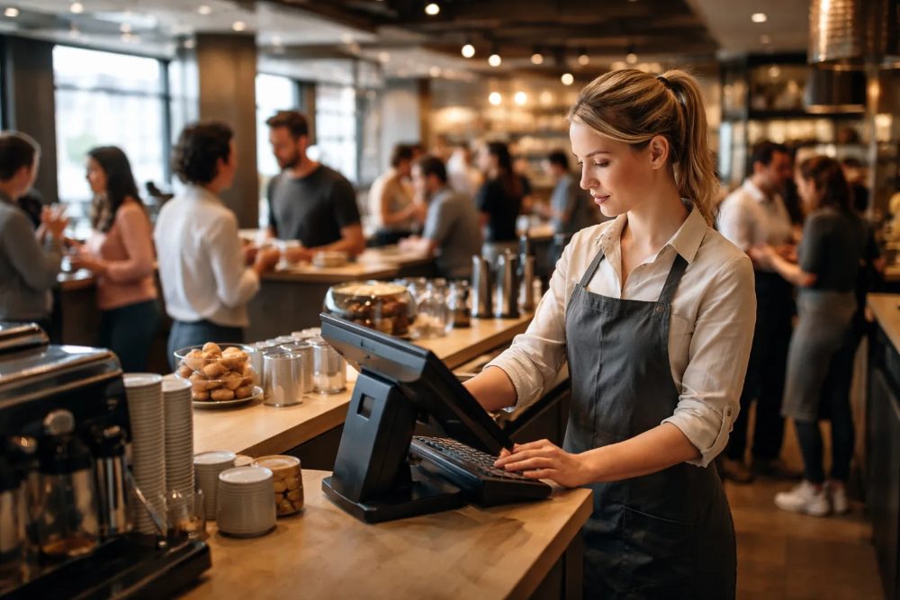 Member of staff ringing up an order on a touchscreen till at a caf&eacute; counter