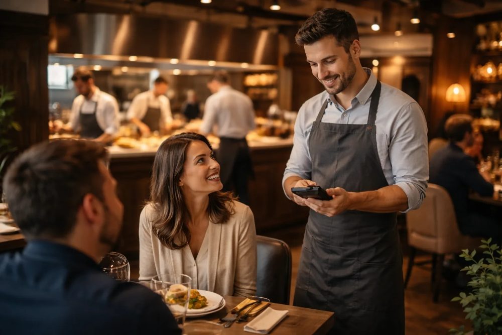 Waiter taking an order at the table on a handheld ordering device